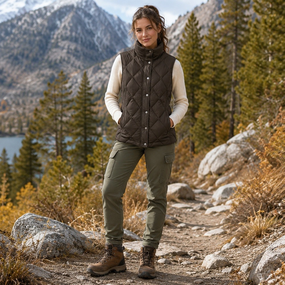 Lands End Diamond Quilted Down Puffer Vest Brown Small 6-8 Full Zip Snap